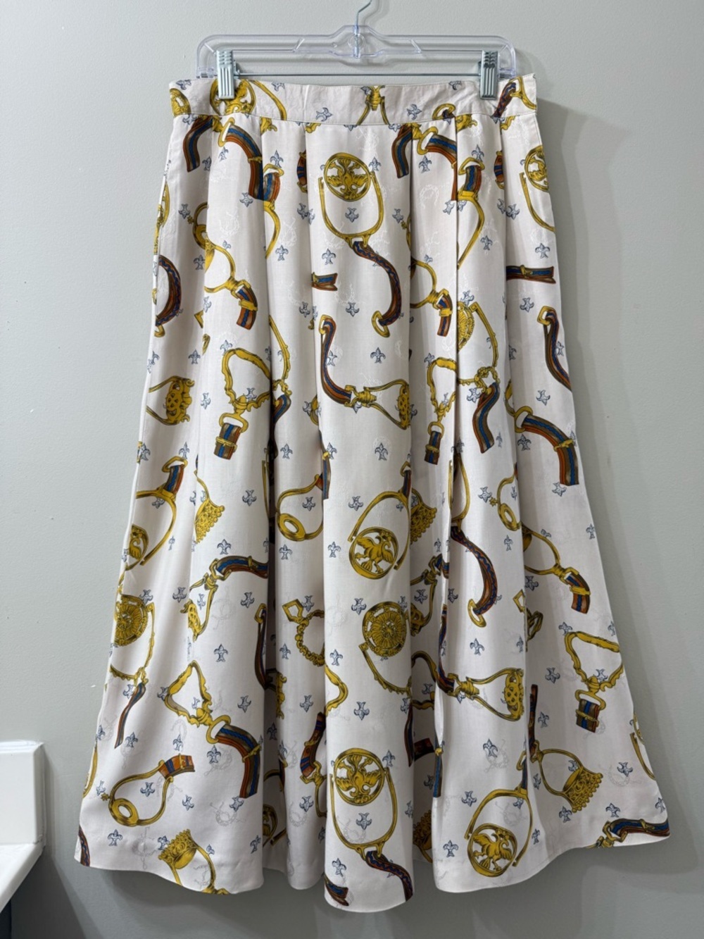 Vintage Equestrian Chain Print Pleated Midi Skirt Sz 16 Old Money Preppy Chic - Picture 2 of 14